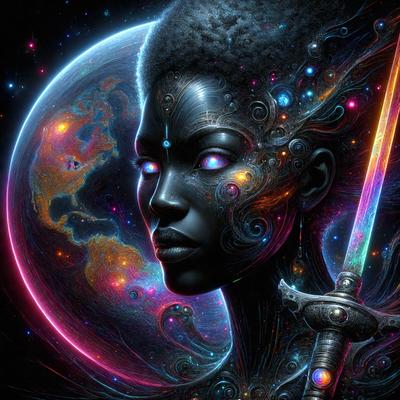 The primary subject of the image is a woman with a sword. She is depicted in a futuristic setting, possibly in space, with a backdrop of a colorful planet. The visual style of the image is digital art, and the dominant colors are purple, blue, and pink, creating a vibrant and futuristic atmosphere.